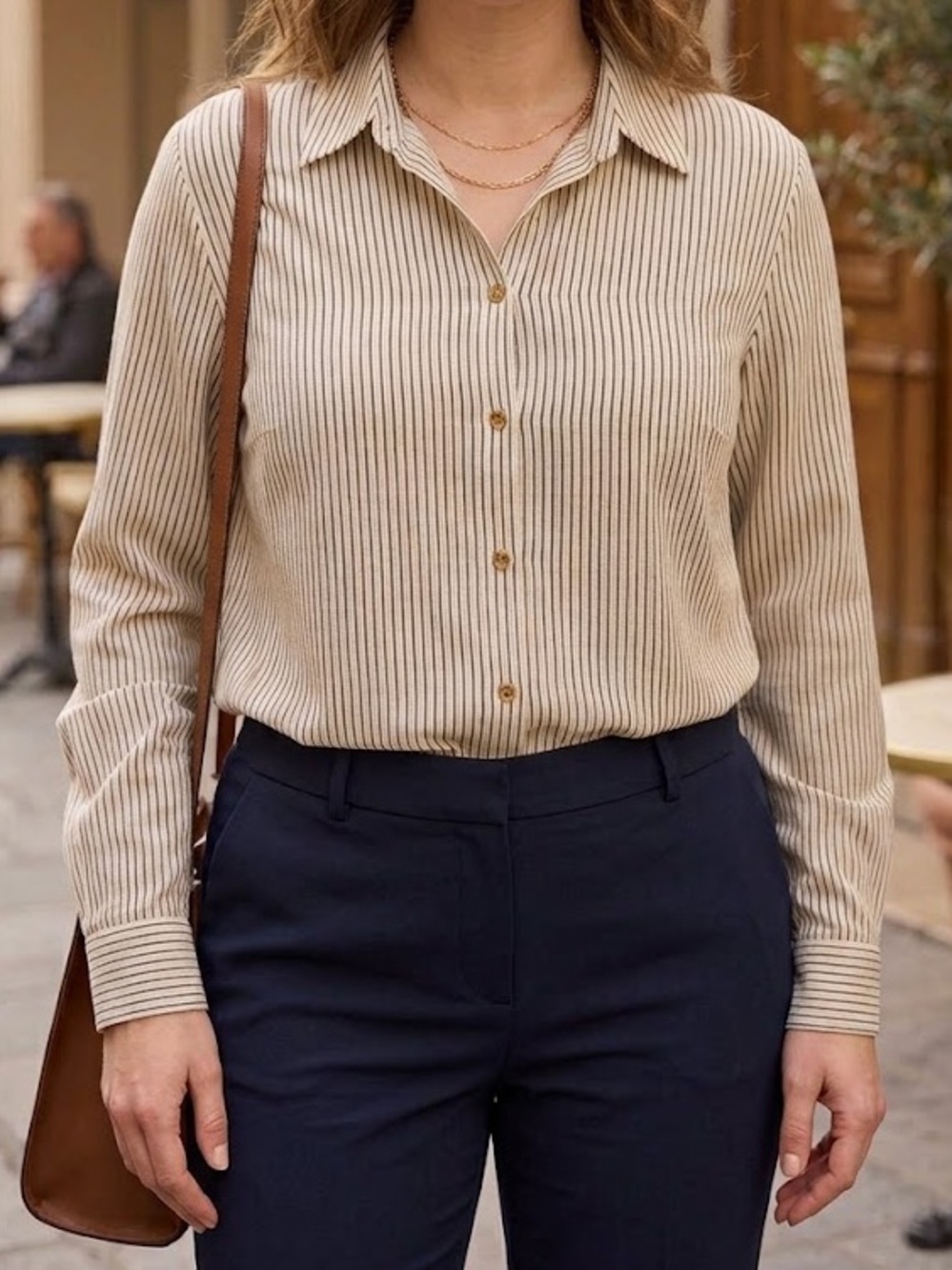 Michael Kors Cream Black Pinstripe Button-Up Shirt XL Gold Details Quiet Luxury